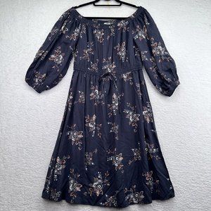 LOFT Long Sleeve Peasant Dress in Navy Floral, Size Medium, Closet Cleanout!